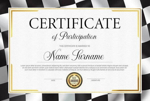 Certificate Participation Diploma Vector Template Black White Chequered Rally Flag — Stock Vector