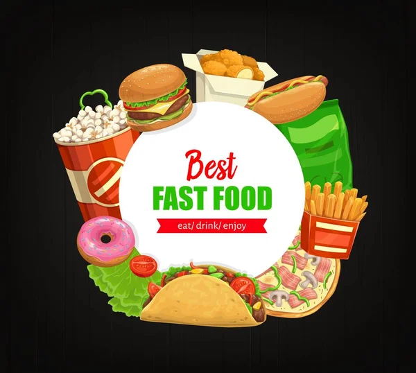 Fast Food Rodada Banner Vetor Pipoca Cheeseburger Pepitas Com Cachorro — Vetor de Stock