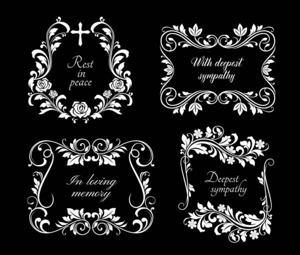Begrafenisgedenktekens Met Bloemstukken Begrafeniskaart Decoratie Rand Met Rozen Viooltjes Bloemen — Stockvector