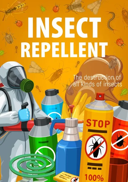 Insektenschutzmittel Für Die Hausdesinfektion Und Schädlingsbekämpfung Arbeiter Chemikalienschutzanzug Und Gasmaske — Stockvektor