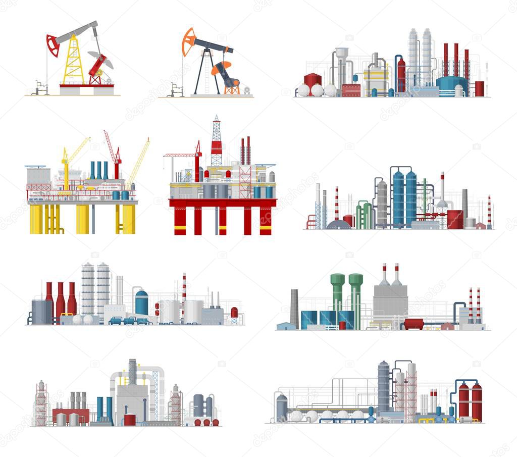 Industrial buildings and factory facilities vector icons. Plants, chemical estate, gas pipelines, oil refinery or mining manufacturing and engineering objects, energy production industry cartoon signs