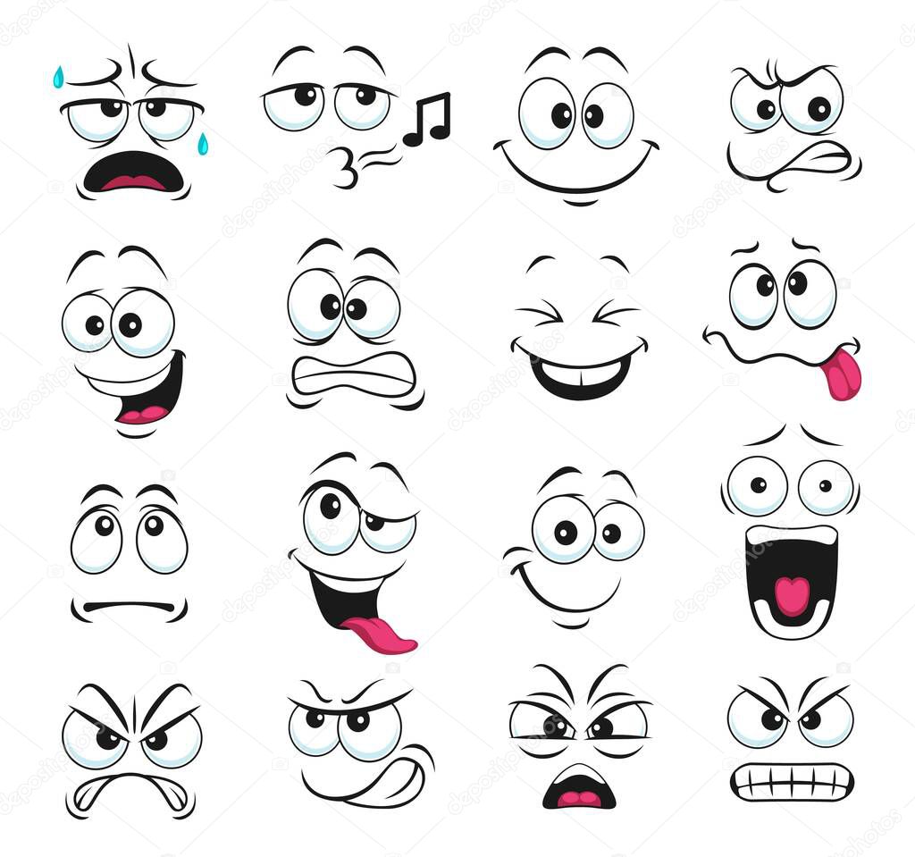 Face expression isolated vector icons, funny cartoon emoji whistle, yelling and sweating, gnash teeth, angry, laughing and sad. Facial feelings, emoticons upset, happy and show tongue cute faces set