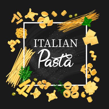 İtalyan makarna, fusilli, stelle ve cavatappi, spagetti, kanelone veya konkiloni. Quadretti, fagottini ve funghetto, tortellini, linguin çeşitleri ve makarna şeklindeki posterler.