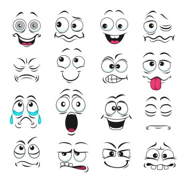 Face expression isolated vector icons, funny cartoon emoji hypnotized, crying and surprised, show teeth and tongue , laughing, smiling and sad. Facial feelings, emoticons upset, happy cute faces set clipart