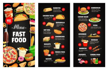 Fast food restoranı ya da kafe menüsü sayfa kapağı şablonu. Burrito, taco ve quesadilla, hot dog, hamburger ve nugget, patates kızartması ve sezar salatası, pizza, suşi ve erişte, barbekü vektörü