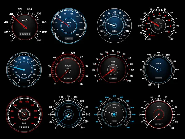 Sebességmérők Sebességmérő Vektor Műszerfal Számlap Mérleg Auto Járműdeszka Reális Interfész — Stock Vector