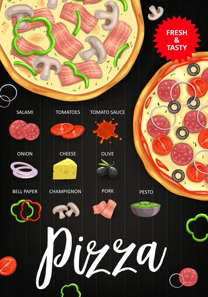 Pizza Ingredientes Vector Tomates Aceitunas Cerdo Salchichas Salami Pesto Salsa — Archivo Imágenes Vectoriales