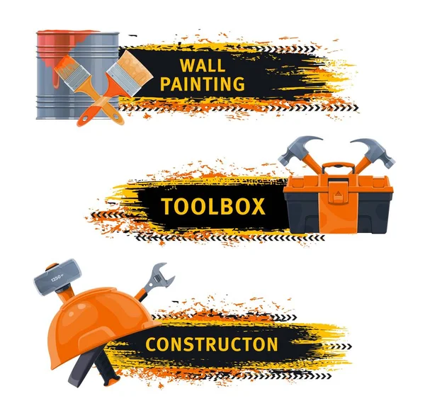 Wall Painting Construction Tools Banners Paint Bucket Brush Toolbox Crossed — Stock Vector