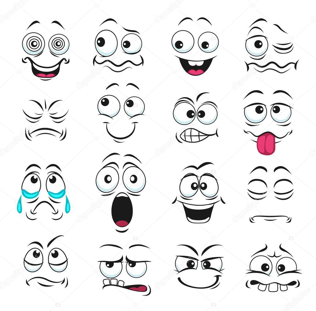 Face expression isolated vector icons, funny cartoon emoji hypnotized, crying and surprised, show teeth and tongue , laughing, smiling and sad. Facial feelings, emoticons upset, happy cute faces set