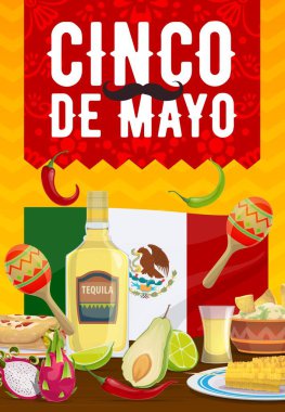 Cinco de Mayo vektör posteri, geleneksel Meksika yemeği enchilada 'sı, guacamole soslu cips, mısır. Tekila, limon, kırmızı biber ve avokadolu ejderha meyvesi, bayrak. Çizgi film Meksika yemekleri, fiesta partisi kutlaması
