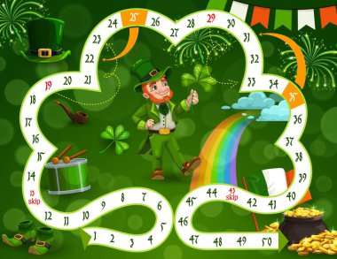 Çocuklar masa oyunu vektör şablonu St Patricks gün teması, adım tahta oyunu şanslı yonca şekli, sayılar, başlangıç, bitiş ve karikatür leprikon ile altın. Eğitimli çocuklar bilmece