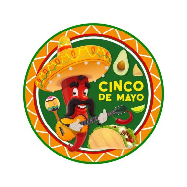Cinco de Mayo vektör simgesi. Sombrero 'da gitar, taco, marakas ve avokado çalan Mariachi acı biberi. Meksika biberli biber biberli biberli biberli müzik çalıyor. İzole çizgi film Cinco de Mayo etiketi