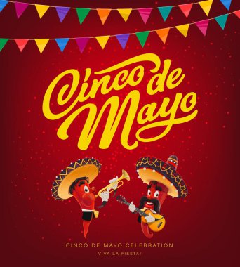 Cinco de Mayo kırmızı biberli mariachi, Meksika bayramı vektörü. Fiesta parti müzisyenlerinin acı biber ya da jalapeno karakterleri gitar ve trompet, bayram bayrak çelenkleri, tebrik kartı.
