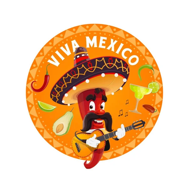 Ícone Vetorial Viva México Mariachi Pimenta Sombrero Tocando Guitarra Jalapeno —  Vetores de Stock