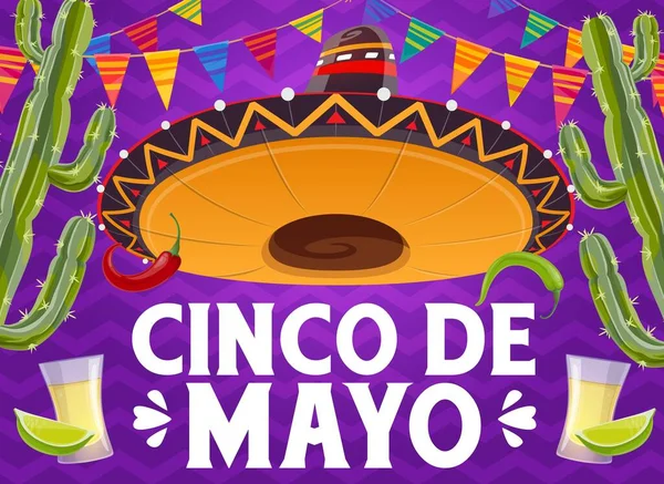 Cinco Mayo Vector Poster Traditional Mexican Symbols Sombrero Hat Cactus — 스톡 벡터