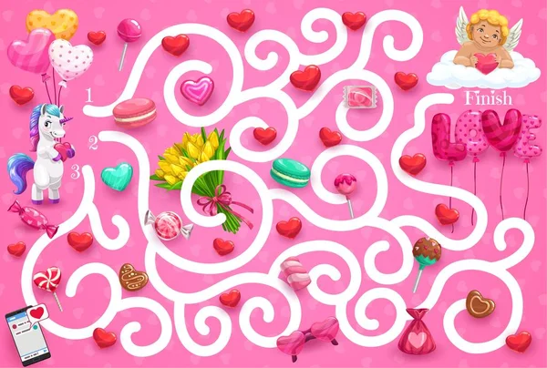 Gioco Labirinto Bambini Tema San Valentino Aiutare Carino Unicorno Trovare — Vettoriale Stock