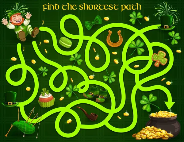 Kids Maze Game Patricks Day Leprechauns Gold Clover Sweets Vector — Stock Vector