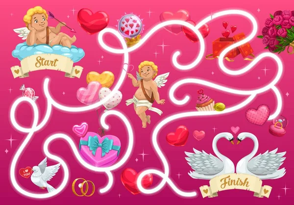 Juego Laberinto Para Niños Con Cupidos San Valentín Artículos Festivos — Vector de stock