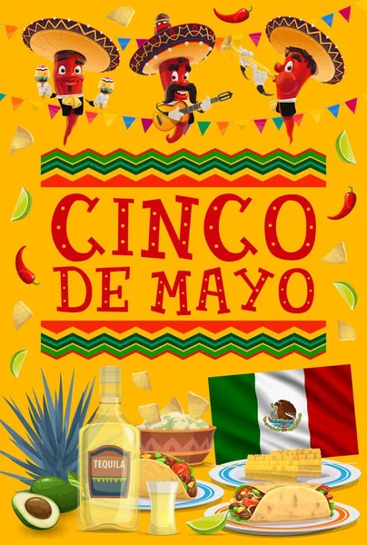 마요네즈 포스터 Jalapeno Chili Pepper Characters Sombrero 트럼펫 마라카스를 멕시코 — 스톡 벡터