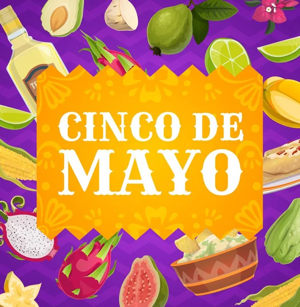 Cinco Mayo Vector Poster Feriado Mexicano Fronteira Festiva Com Comida — Vetor de Stock