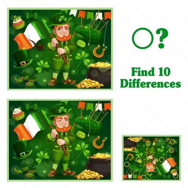 Juego Niños Encontrar Diez Diferencias Caricatura Vectorial Día San Patricio — Vector de stock