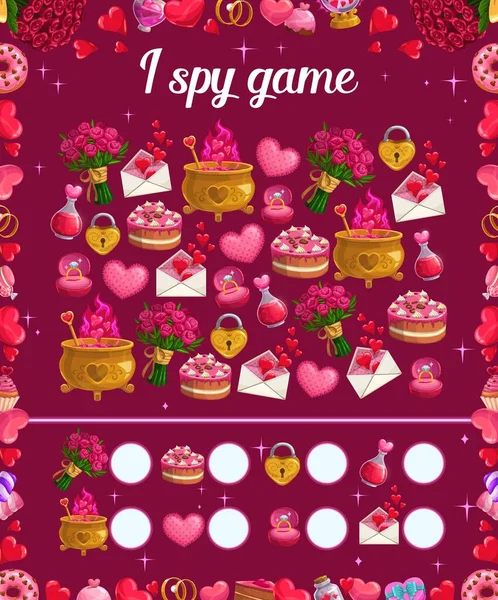 Spio Gioco Dei Bambini Con Oggetti San Valentino Puzzle Educativo — Vettoriale Stock