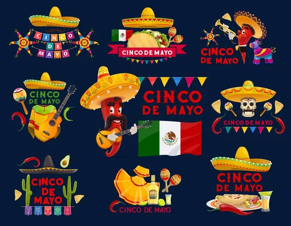 Cinco Mayo Meksykańskie Ikony Wektora Świąt Fiesta Party Sombrero Kapelusze — Wektor stockowy