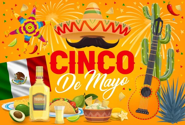 Mexikanische Cinco Mayo Feiertagsfest Vector Sombrero Hut Mariachi Gitarre Und — Stockvektor