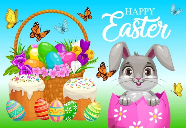 이스터 포스터 바구니 케이크 나비와 들판에 토끼와 부활절 달걀찾기 — 스톡 벡터