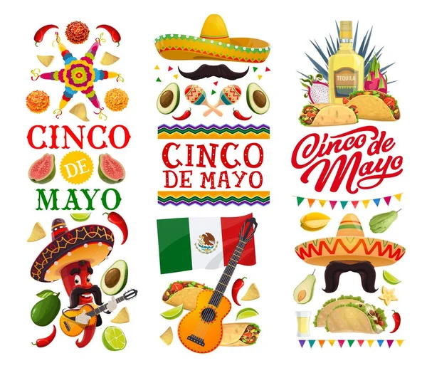 Cinco Mayo假日矢量横幅与墨西哥嘉年华会食物和红辣椒字符 Sombrero Hat Maracas Guitar Ars Mexican Flag Tacos — 图库矢量图片