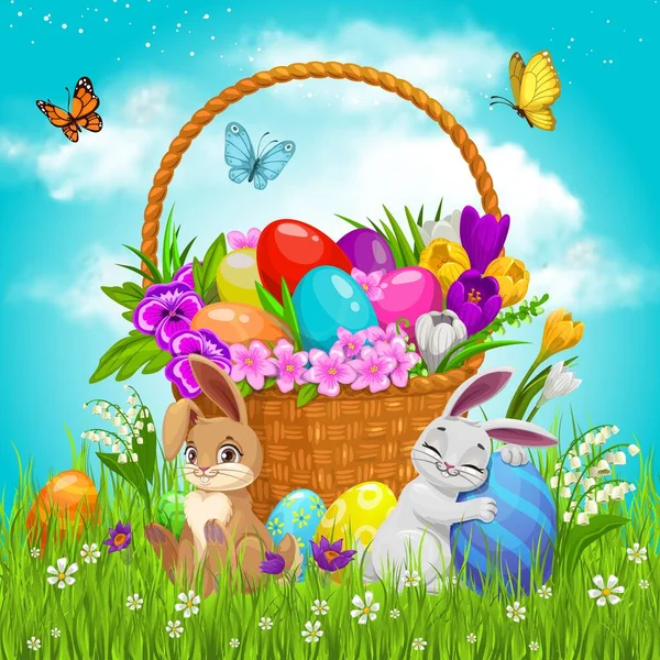 Easter Basket Flowers Painted Eggs Bunnies Green Lawn Flying Butterflies — Stock Vector