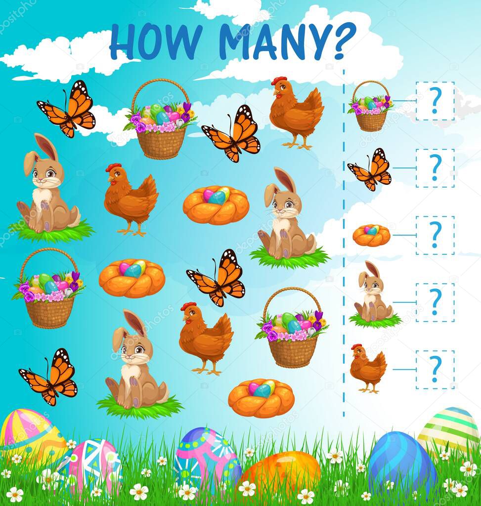 I spy kids game with Easter characters vector worksheet. How many rabbits, chicken, eggs, butterflies or flowers basket and cakes puzzle. Children numeracy skills development cartoon riddle page
