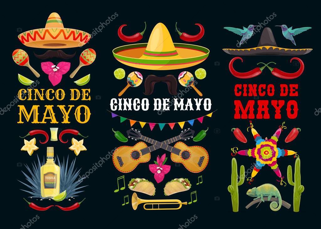 Cinco de Mayo vector icons pinata, colibri and jalapeno pepper with mustaches and sombrero, guitar, maracas and trumpet. Fruits, tequila with lime, chameleon and cacti. Mexican symbols and food set
