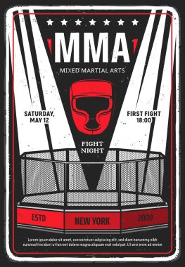 Karışık dövüş sanatları turnuvası iğrenç broşür ya da poster. Projektörlerle aydınlatılmış MMA sekizgen kafesi ve boks başlığı vektörü. Dövüş kulübü, kafes dövüşü şampiyonluğu retro pankartı