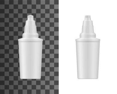 Su filtreleme sürahisi mermisi gerçekçi bir model. Ev suyu arıtma ve tuzdan arındırma filtresi, karbon dolumu ve plastik konut 3d vektör şablonu ile dağıtıcı yenileme kartuşu