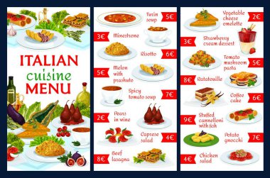 İtalyan mutfak vektör menüsü turin çorbası, sebze çorbası, risotto, kavun ve prashuto, baharatlı domates çorbası. Şarap, papatya salatası ya da lazanya, sebze peynirli omlet, çilekli krema.