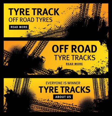 Otomobil servisi için off-road lastik izleri vektör siyah grunge lastik izleri. Rally, motokros kirli lastik deseni, off-road dokulu izler ve tipografi. Araç fren tasarımı pankartları ayarlandı