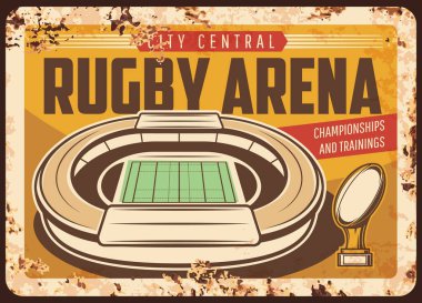Rugby arenası paslı metal vektör plakası. Oyun sahası ya da sahası olan spor stadyumu binası ayakta duran ve tipografisi olan altın kupa. Rugby şampiyonluğu, spor takımı arena retro bayrağı