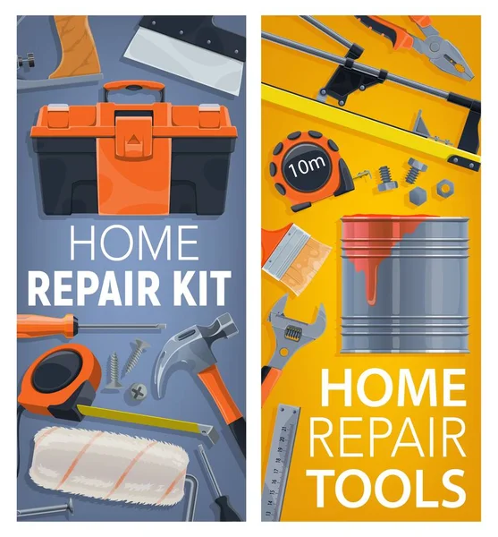 Home Reparatie Renovatie Tools Posters Gereedschapskist Meetlint Hamer Tegelsnijder Verfkwastje — Stockvector