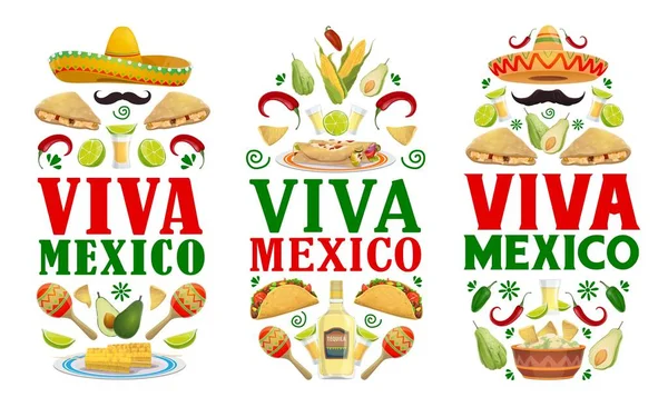 Mexikanska Semester Mat Vektor Banderoller Viva Mexiko Fiesta Fest Sombrero — Stock vektor
