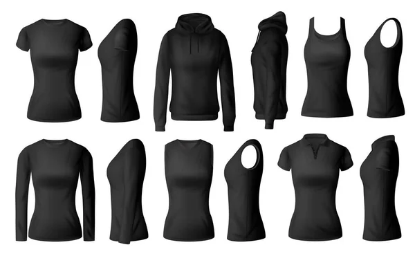 Mujer Ropa Aislada Vector Negro Camisetas Polo Sudadera Con Capucha — Vector de stock