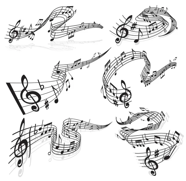 Music Waves Vector Musical Notes Treble Clef Curvy Stave Melody — Stock Vector