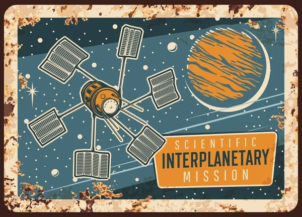 Międzyplanetarna Misja Naukowa Zardzewiała Metalowa Płyta Satelita Panelami Słonecznymi Orbitującymi — Wektor stockowy