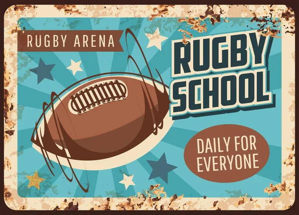 Rugby Escola Placa Metal Enferrujado Vetor Esporte Jogo Formação Vintage — Vetor de Stock