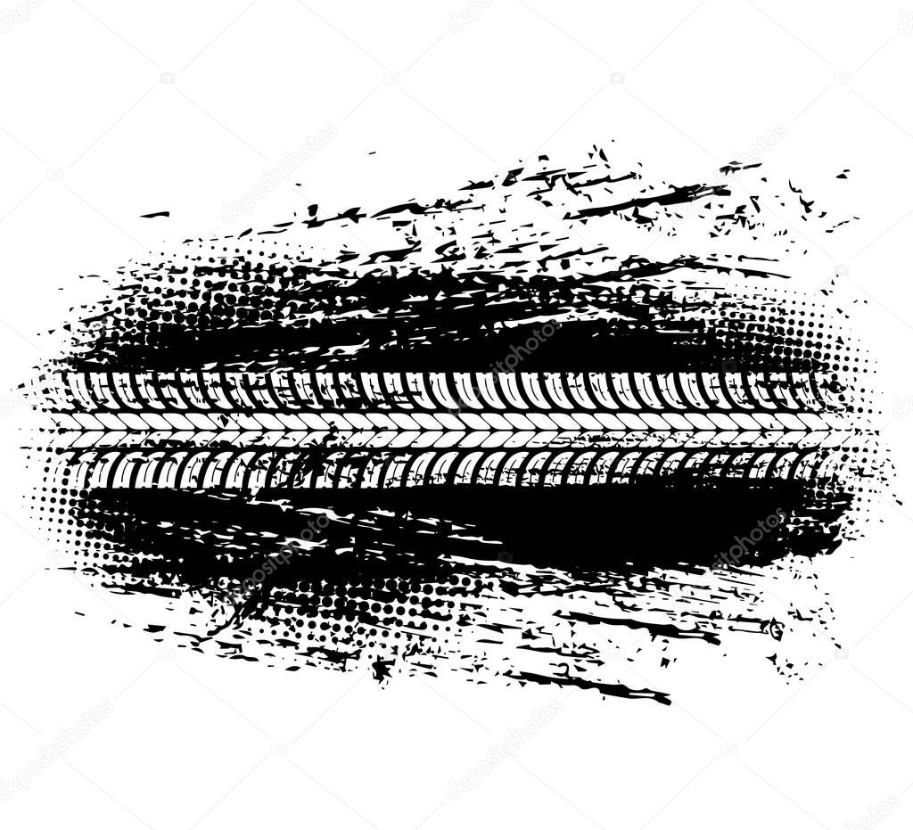 Tire track of offroad car or bike wheel vector design. Grunge mark or trail with tyre tread pattern and road dirt spots, off road vehicle, trucks and motorcycle trace, race sport and rully themes