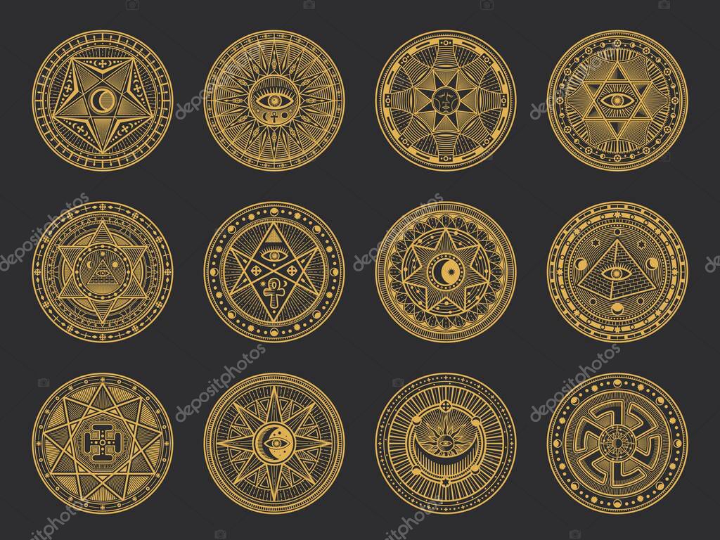 Magic symbols with vector alchemy and occult science, esoteric religion and astrology mystic signs. Gold circles with Sun, Moon and spiritual eye, triangle, pentagram star, pyramid and ankh ornaments