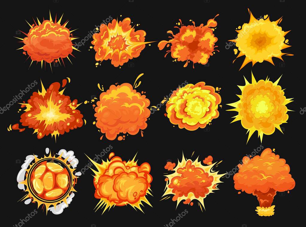 Bomb explosion clouds vector icons. Cartoon boom effect and smoke elements for ui game design. Dynamite danger explosive detonation, atomic comics clouds. Detonators for mobile animation isolated set