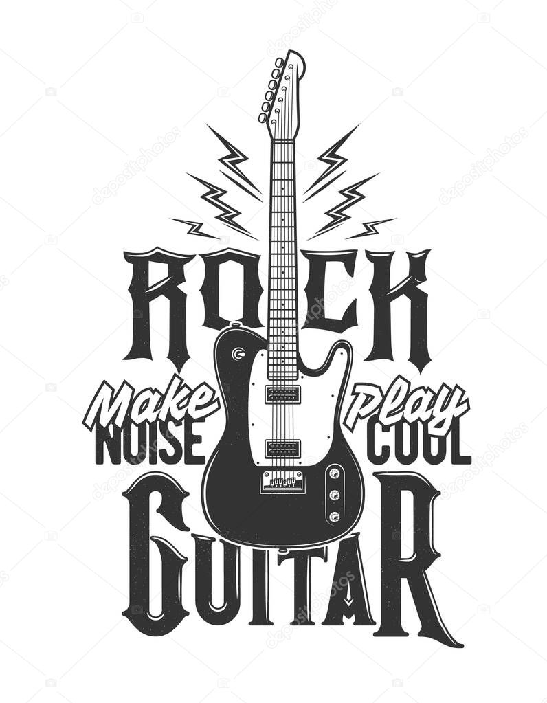 Tshirt print with electric guitar and flashes, vector emblem for music band apparel design. T shirt print with typography make noise play cool. Isolated monochrome label with amp, electrical discharge