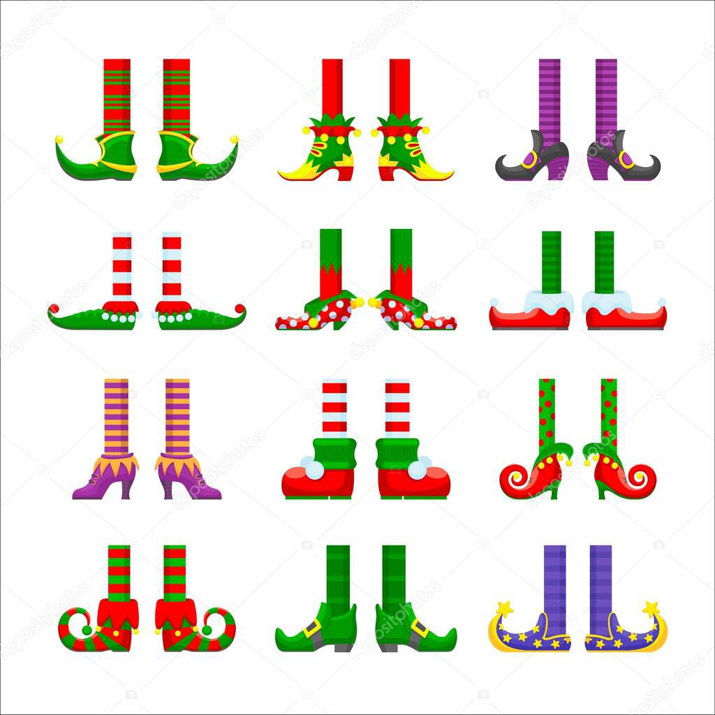 Cartoon elves legs vector icons set, christmas or saint patrick day character elements. Cute funny feet in striped stoking and nosy shoes. Santa helper or leprechaun legs isolated on white background