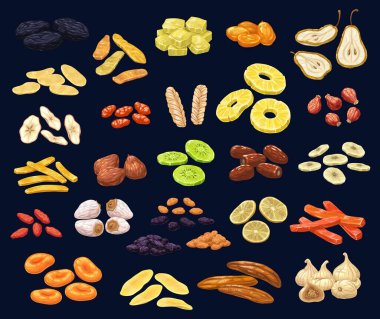 Kurutulmuş meyve ve çilek seti. Kuru erik, mango ve zencefil, kumkuat, armut ve elma, kavun ve ananas, gül, hurma ve kivi, muz, incir ve beyaz üzüm, limon ve papaya, kayısı,